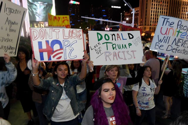 Anti-Donald Trump protesters march on the Las Vegas Strip on November 12, 2016 in Las Vegas, Nevada. The election of Trump as president has sparked protests in cities across the country.
