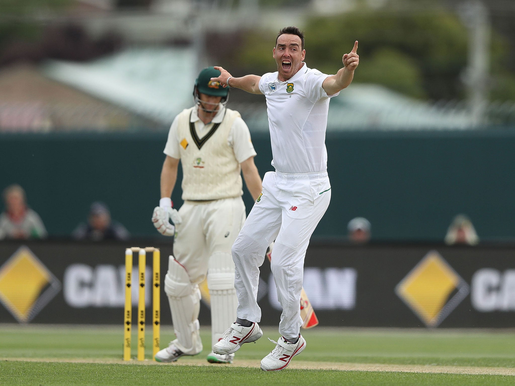 Kyle Abbott takes the wicket of Adam Voges of Australia during day four of the Second Test