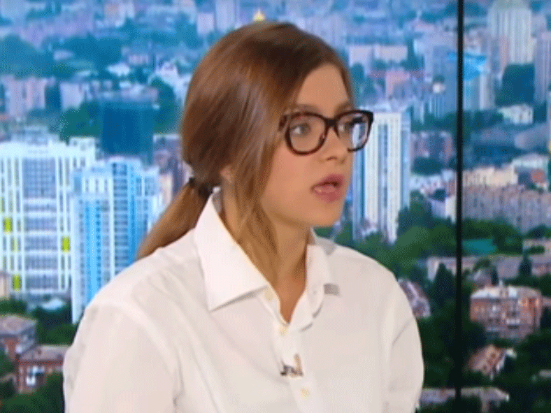 Ukraine junior minister Anastasia Deeva speaking on TV in September