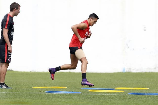Alexis Sanchez in training for Chile ahead of their match against Uruguay