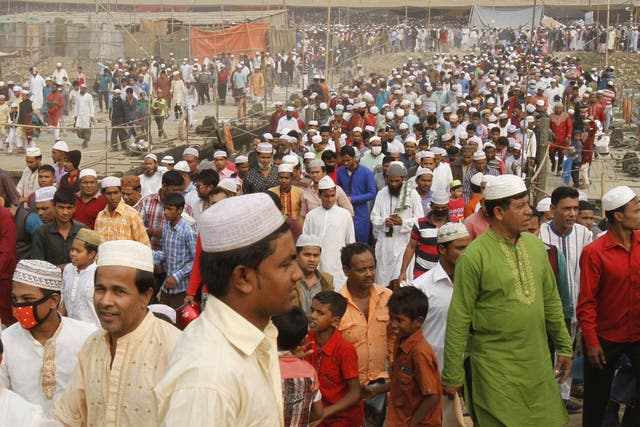 Muslims gathering for religious event in Dhaka, 300km from Thakurpara, a Muslim-majority country