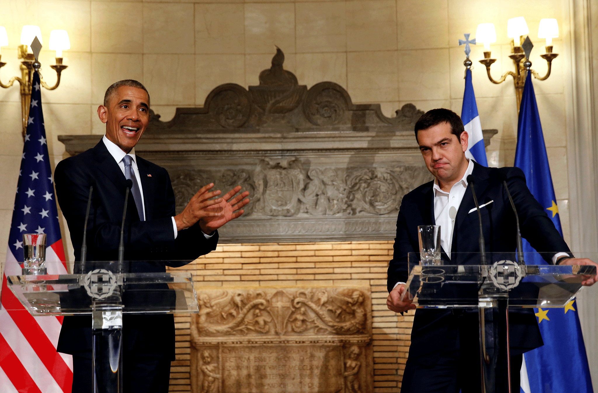 US President Barack Obama and Greek Prime Minister Alexis Tsipras hold a press conference at Maximos Palace in Athens, Greece November 15, 2016