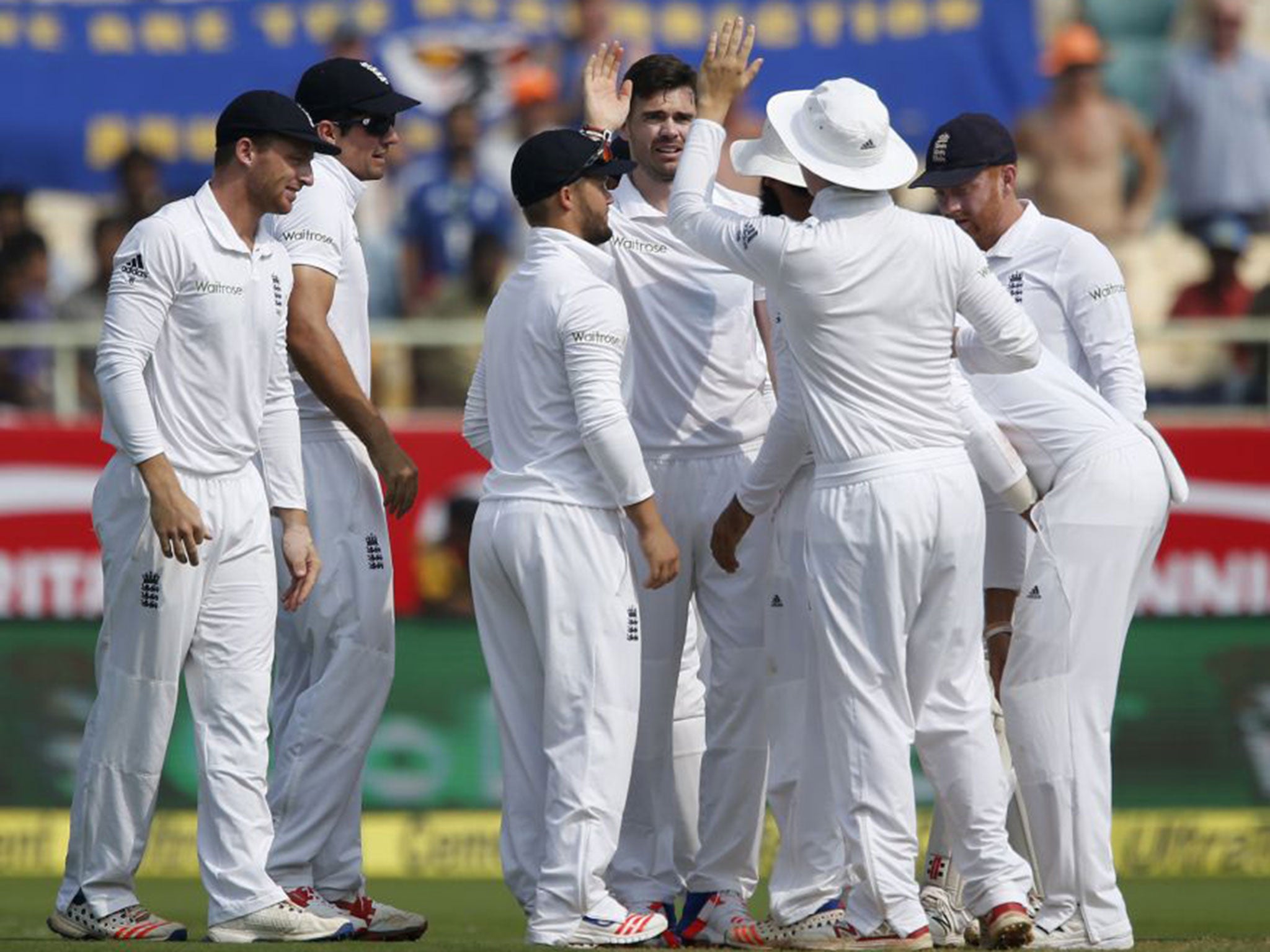 England celebrate after James Anderson takes a wicket during the opening session of the second Test against India
