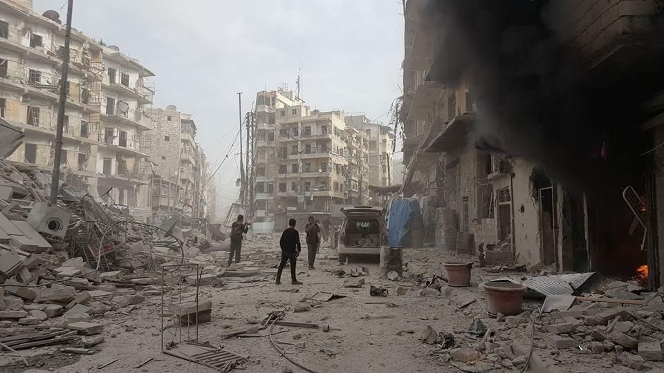 The aftermath of bombing in east Aleppo's Al-Shaar neighbourhood on Wednesday