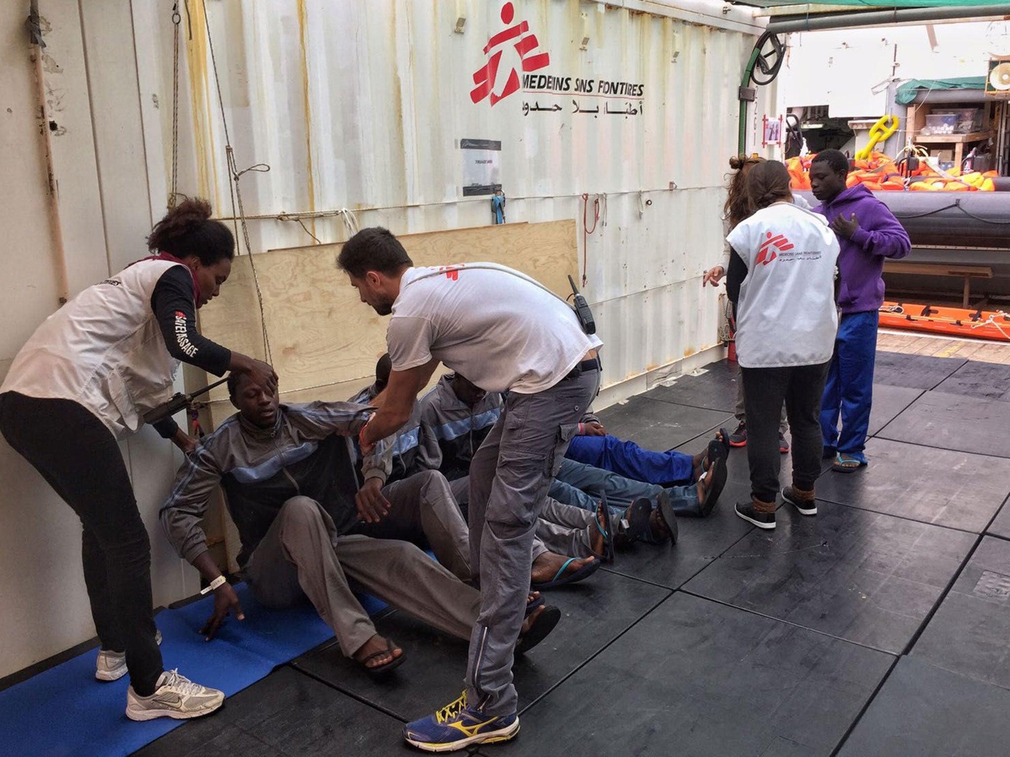 Survivors of a refugee boat sinking off the coast of Libya, on MSF's Bourbon Argos rescue ship on 17 November