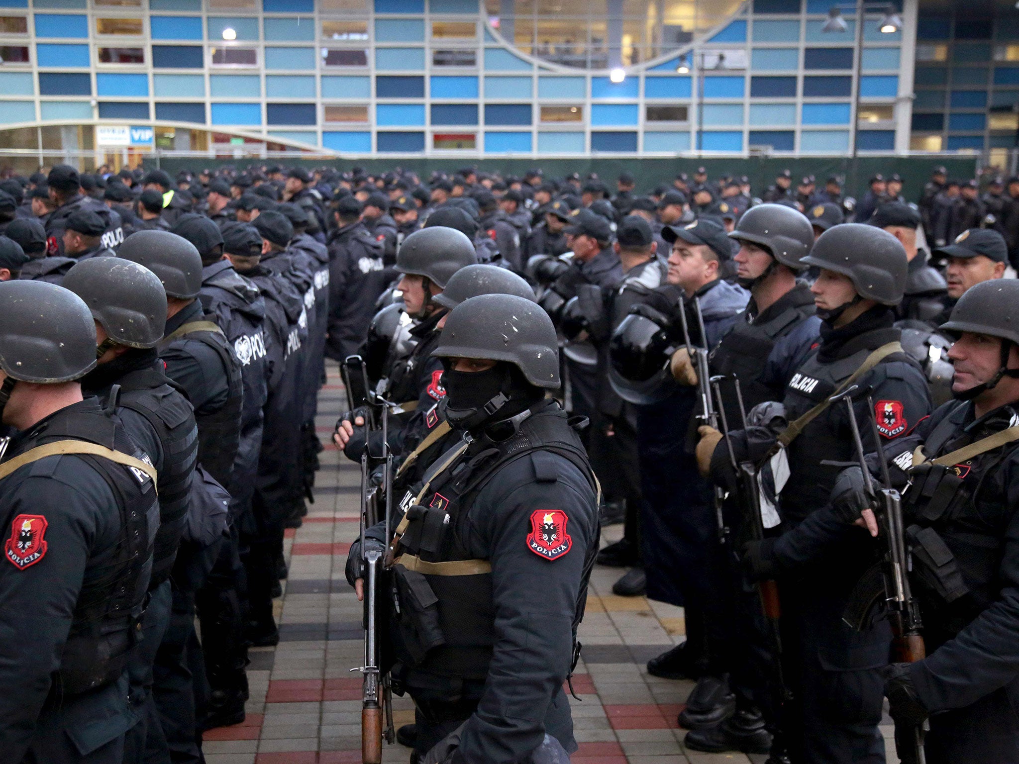 Albanian police at the Elbasan Arena stadium before the 2018 World Cup qualifying football match between Albania and Israel on 12 November