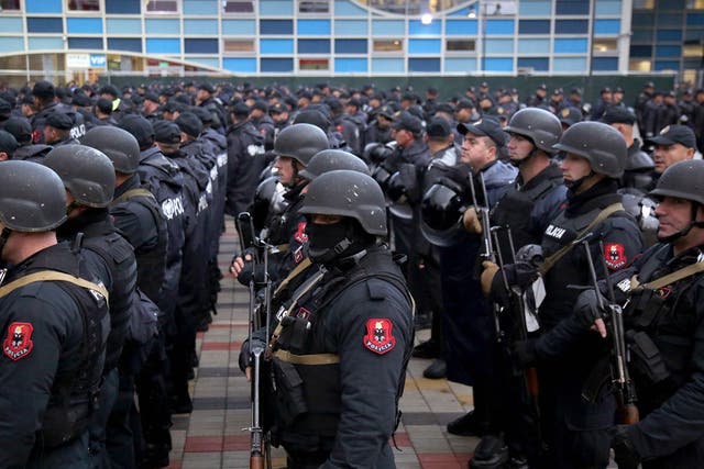 Albanian police at the Elbasan Arena stadium before the 2018 World Cup qualifying football match between Albania and Israel on 12 November