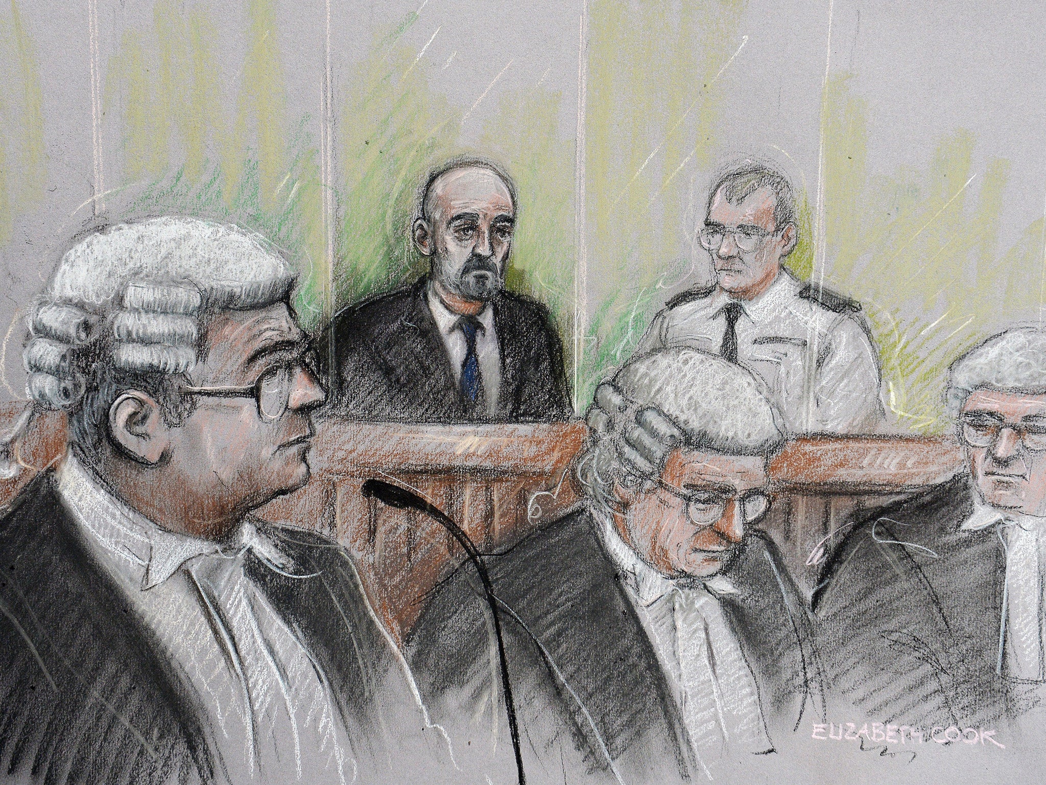 &#13;
Court artist sketch by Elizabeth Cook of Richard Whitman QC opening for the Prosecution as Thomas Mair, who is accused of the terror-related murder of Labour MP Jo Cox, sits in the dock at the Old Bailey &#13;