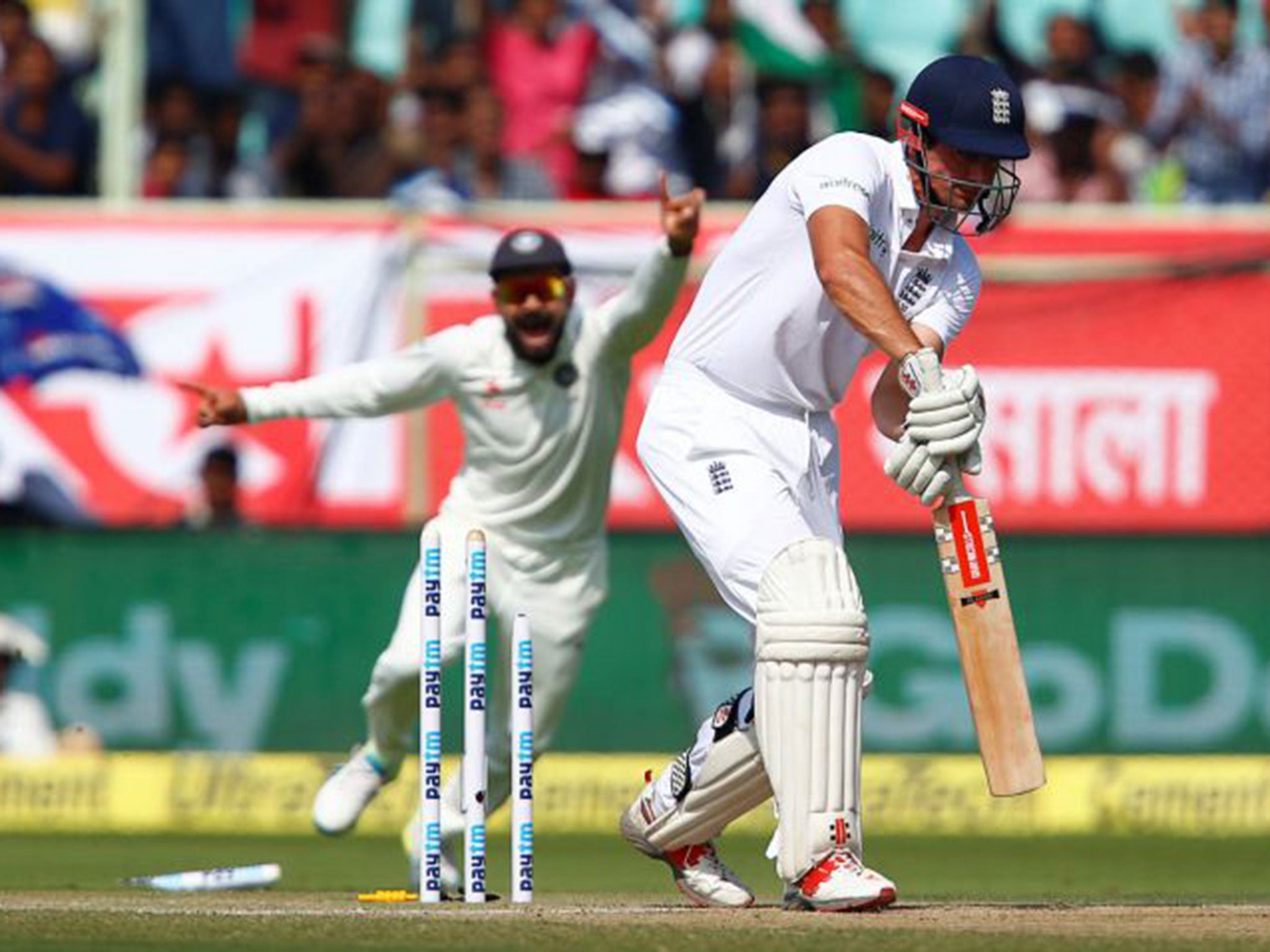 Alastair Cook is clean bowled by Mohammed Shami after snapping his off-stump in half