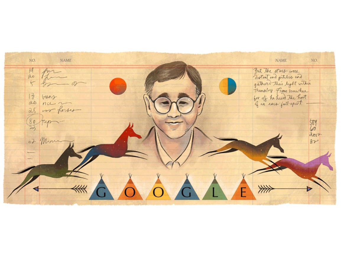 A Google Doodle created by artist Sophie Diao to mark what would have been the 76th birthday of Native American writer James Welch
