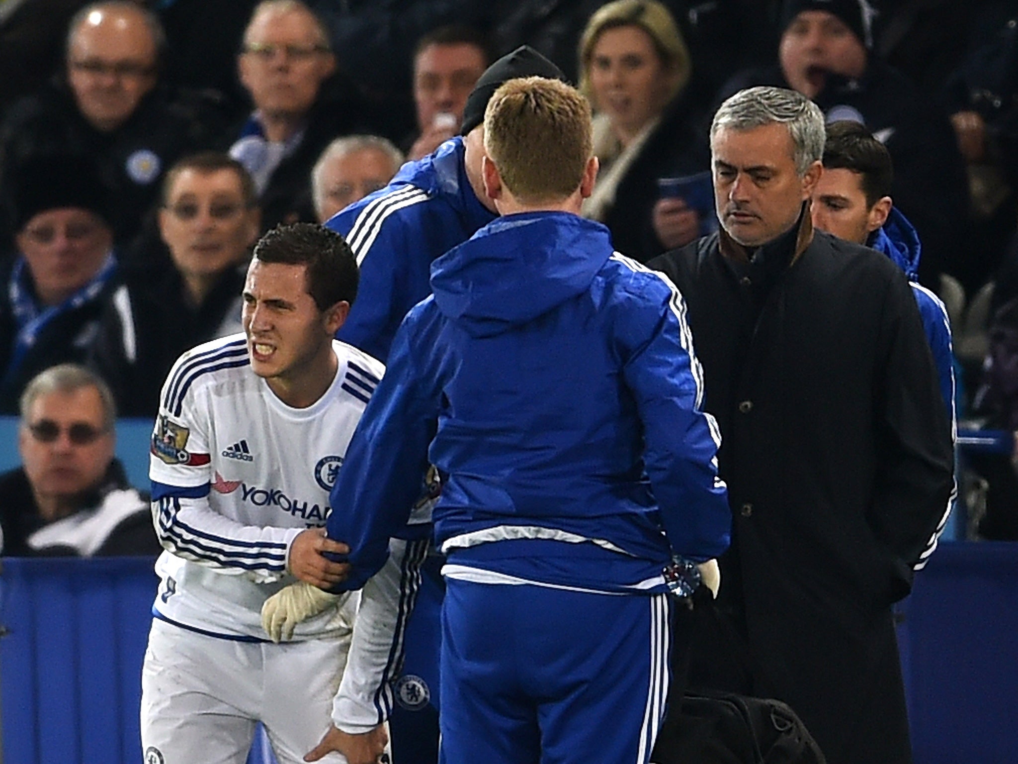 Hazard clutching his hip during the defeat to Leicester last December