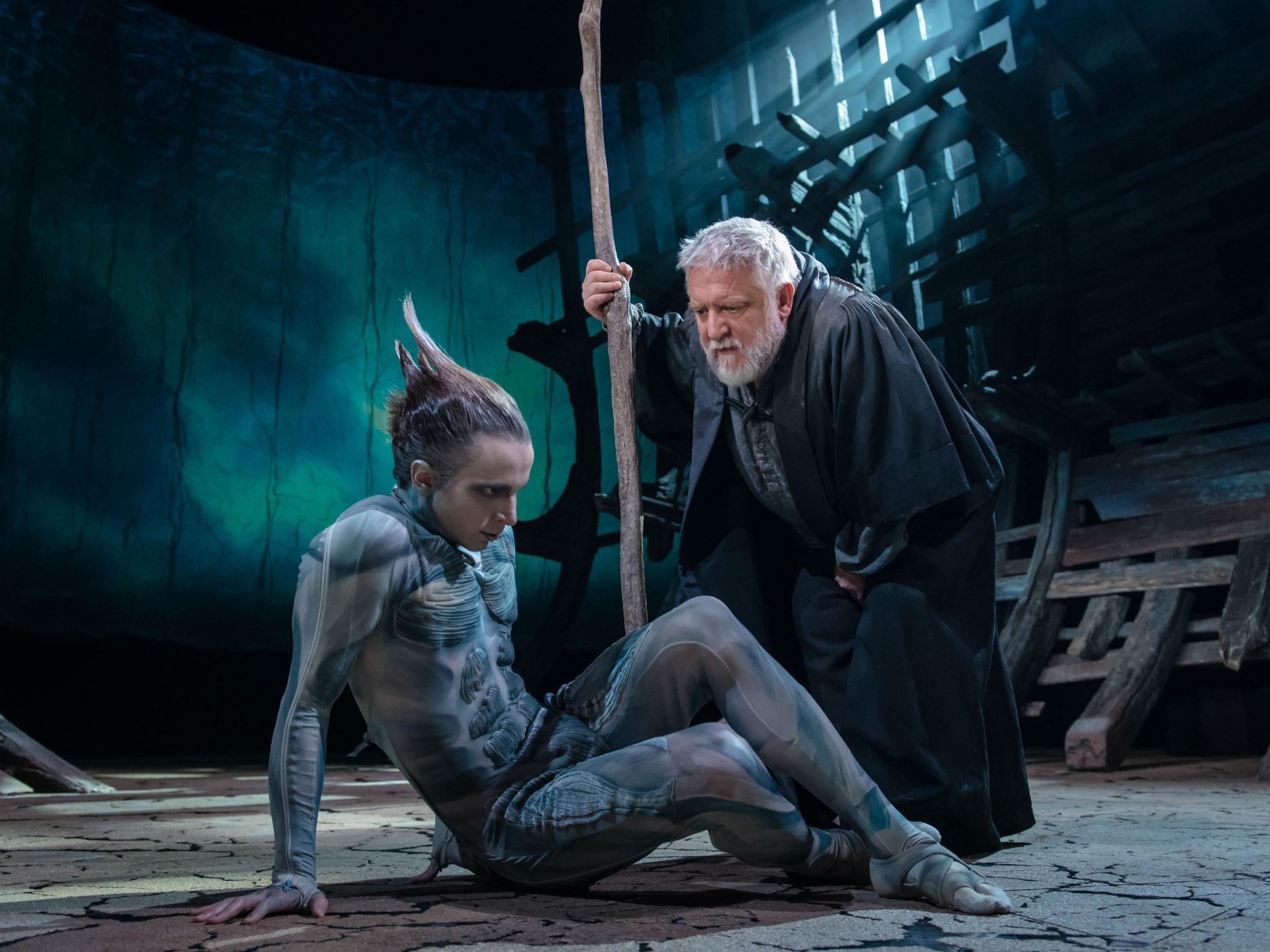 Mark Quartley (left) as Ariel and Simon Russell Beale (right) as Prospero in 'The Tempest' at the RSC