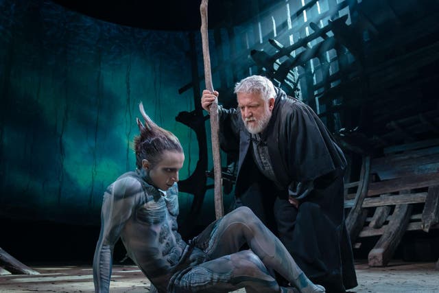 Mark Quartley (left) as Ariel and Simon Russell Beale (right) as Prospero in 'The Tempest' at the RSC
