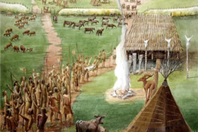 A reconstruction of part of a Neolithic causewayed enclosure at Windmill Hill, which would have been similar to the complex discovered near Stonehenge