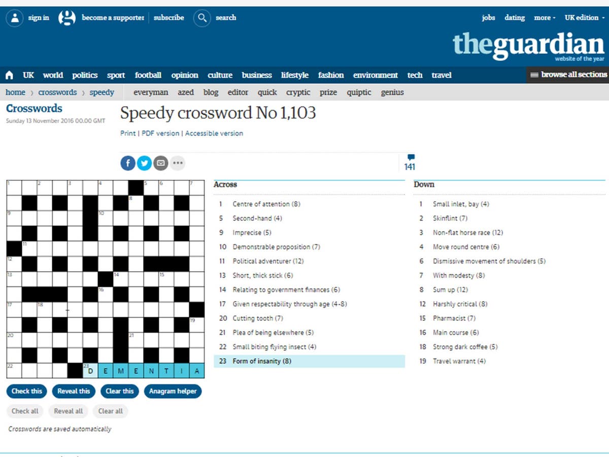 Guardian crossword labels dementia 'a form of insanity' | The ...