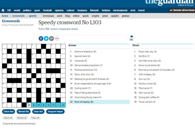 The crossword has been criticised by the Alzheimer Society
