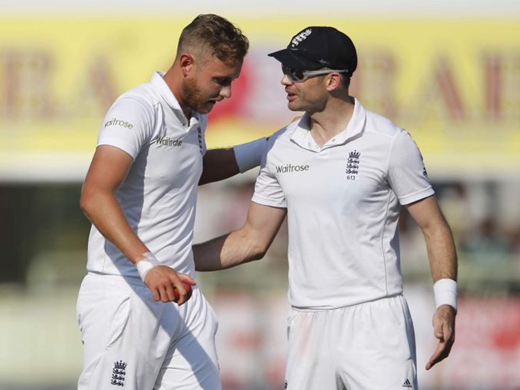 Broad and Anderson in discussion during India's second innings