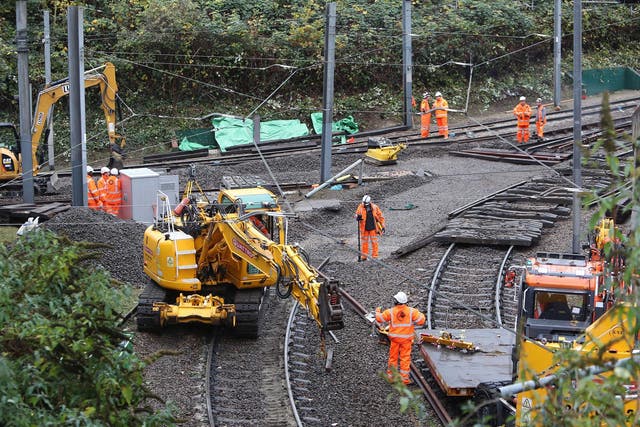 <p>Repair work on the section of track where a tram crashed, killing seven people, in Croydon, south London</p>