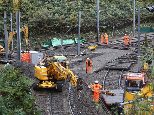 <p>Repair work on the section of track where a tram crashed, killing seven people, in Croydon, south London</p>