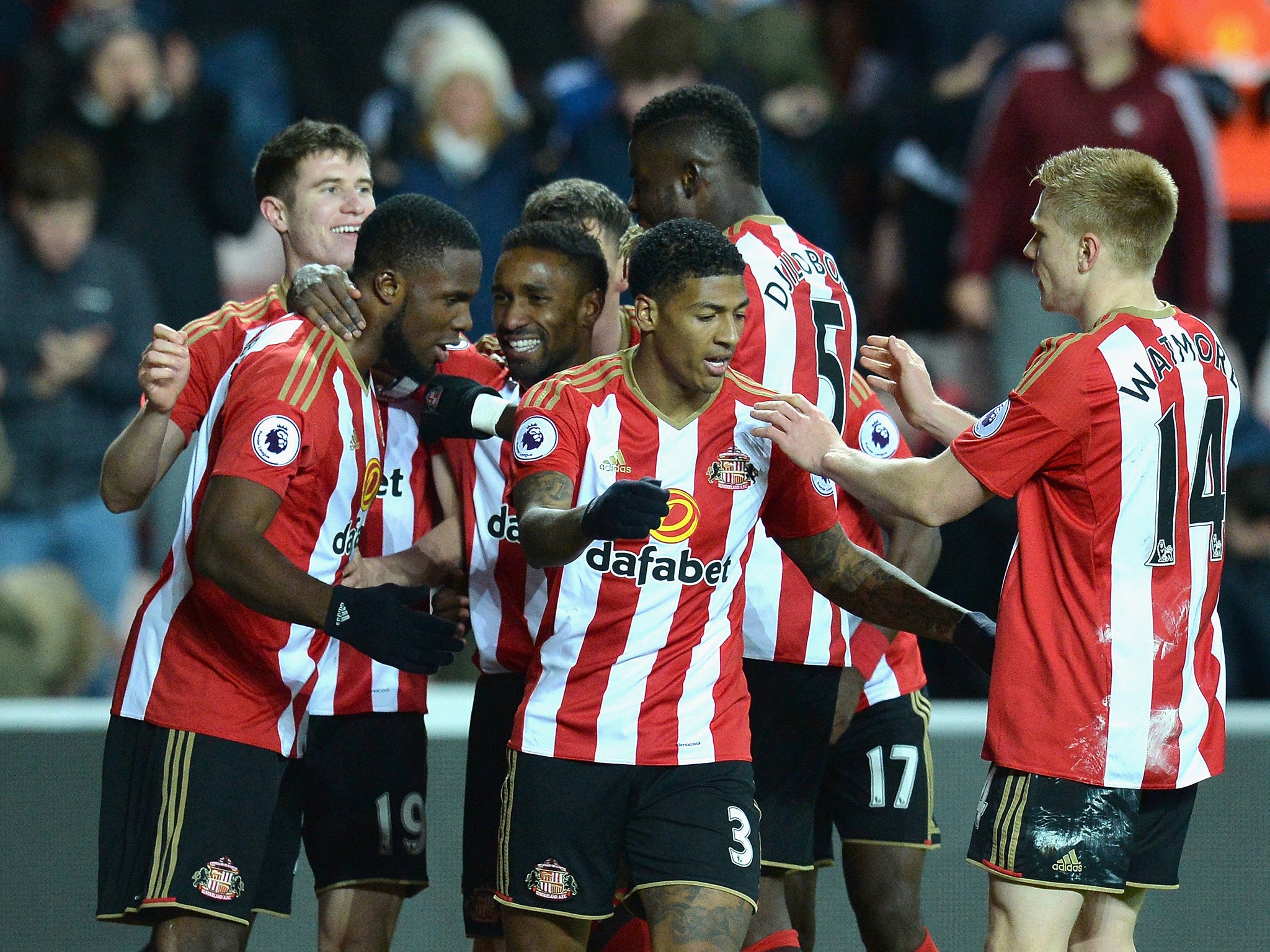 Sunderland's players celebrate Anichebe's second goal at the Stadium of Light