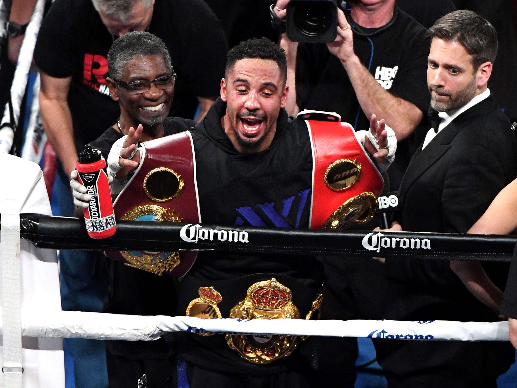 Ward celebrates his victory after being handed the title