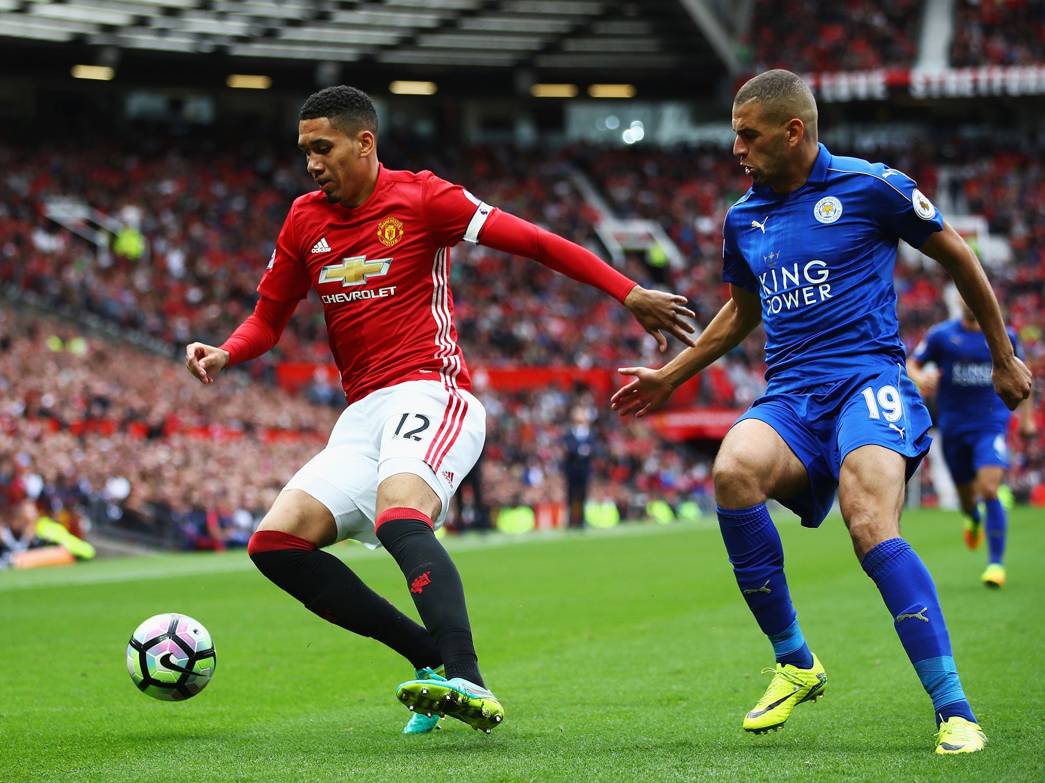Chris Smalling in action for United against Leicester City last September