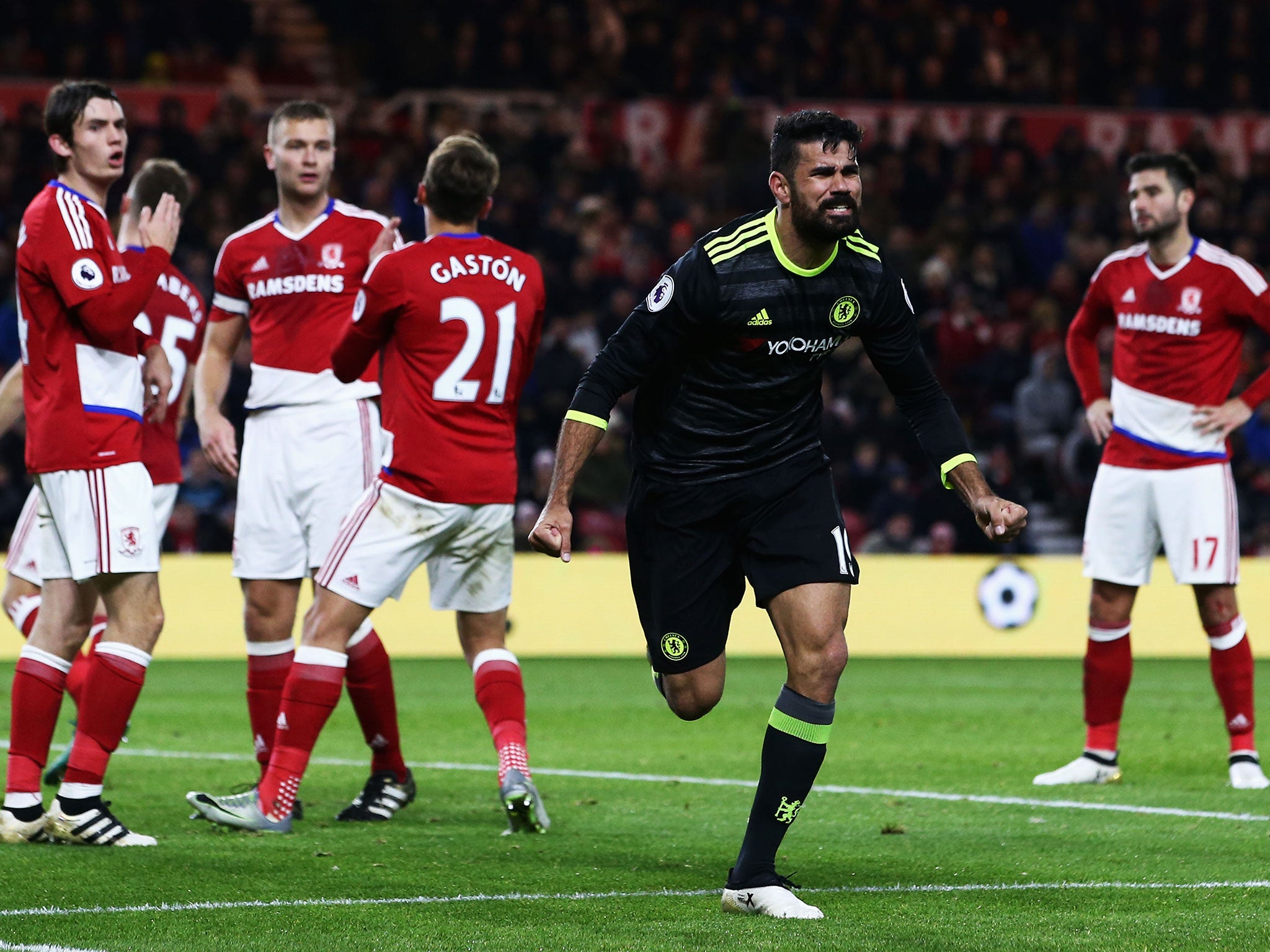 Diego Costa celebrates his winning goal for Chelsea on Sunday at the Riverside Stadium