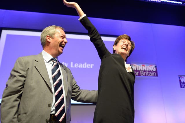 Diane James celebrating with Nigel Farage after she was named new leader of Ukip. She quit the leadership 18 days later.