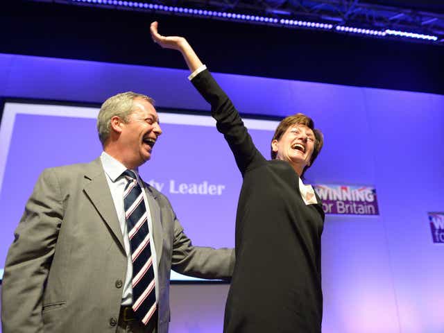 Diane James celebrating with Nigel Farage after she was named new leader of Ukip. She quit the leadership 18 days later.