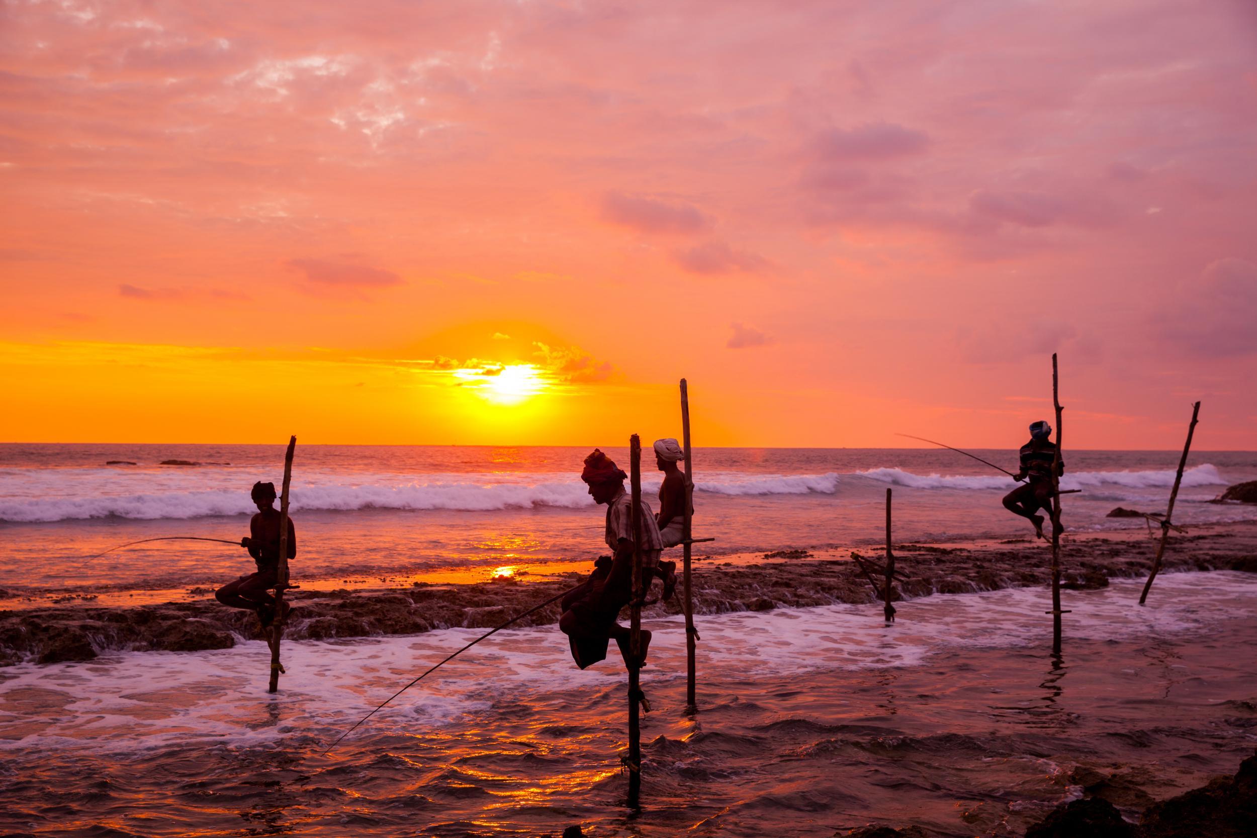 Stilt fishermen at work as the sun sets on Sri Lanka's coast