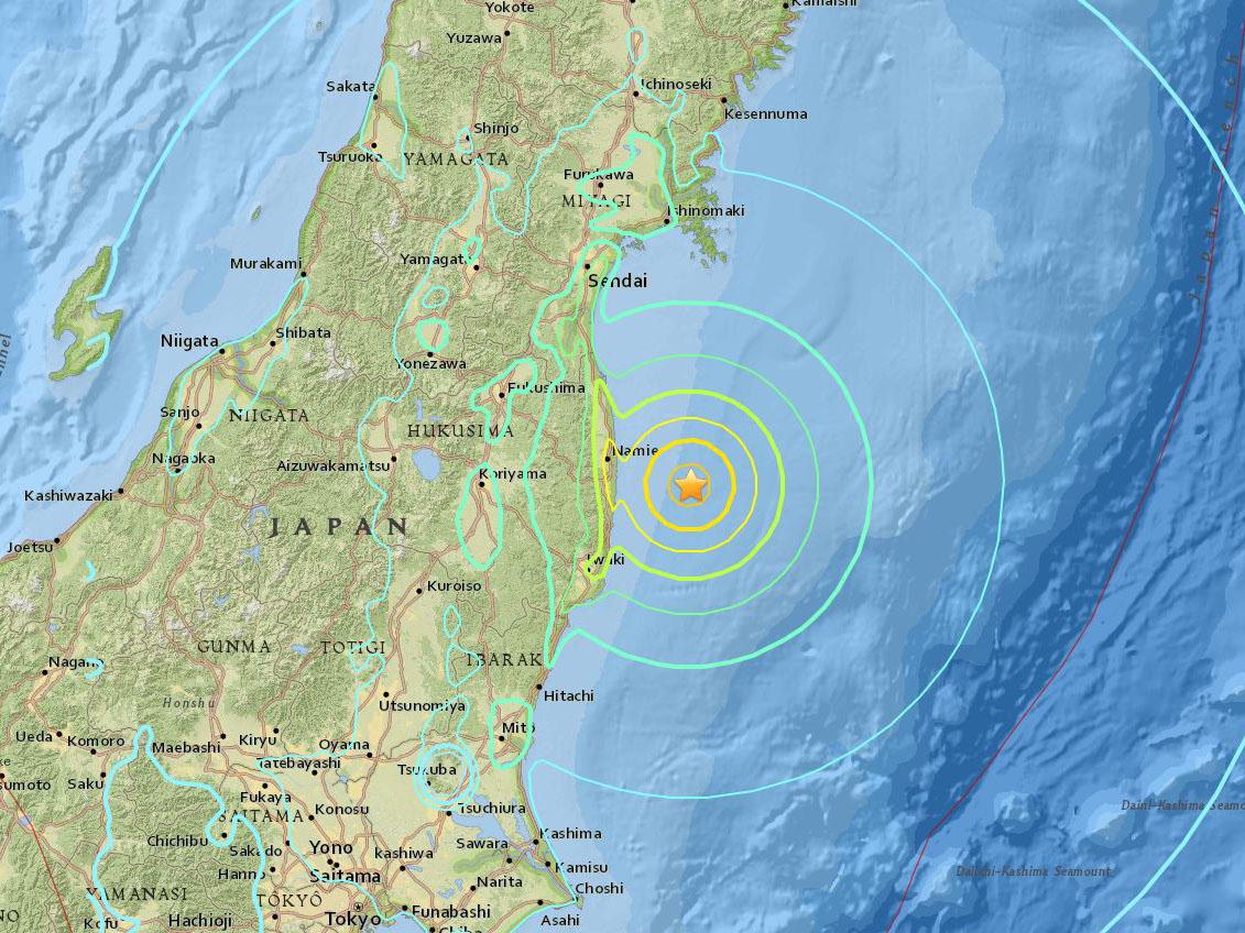 US Geological survey image showing the epicentre of the 6.9 magnitude earthquake south east of Fukushima