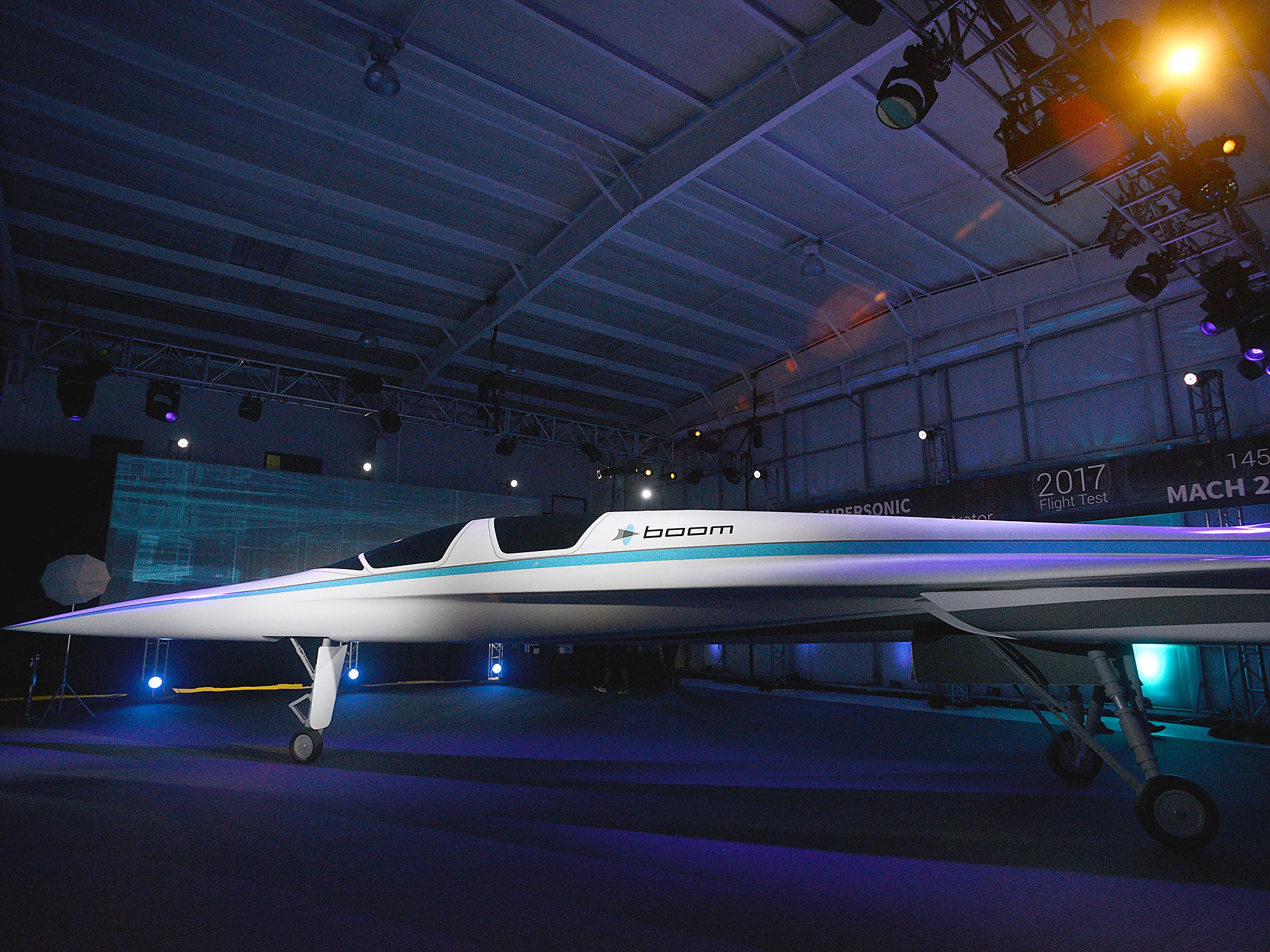 The XB-1 Supersonic Demonstrator at the official unveiling at the Boom Technologies hangar