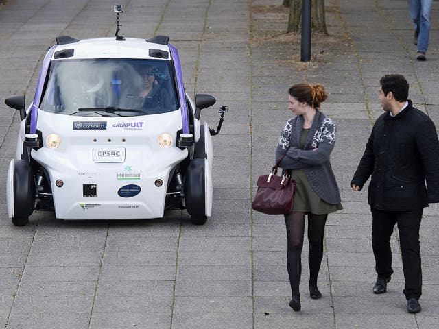 An autonomous self-driving vehicle being tested in a pedestrianised zone in Milton Keynes