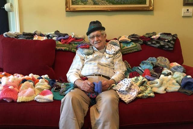 Ed Moseley asked his daughter to buy him basic knitting equipment and instructions; now he can knit a hat in an hour
