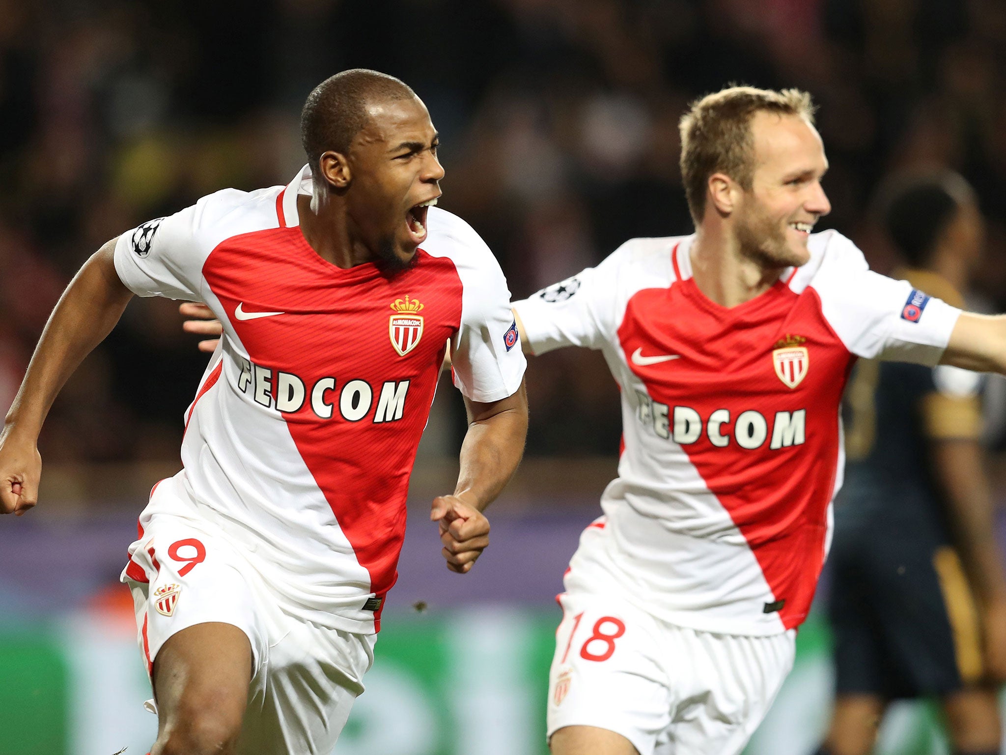 Djibril Sidibe celebrates his goal to break the deadlock and hand Monaco the lead