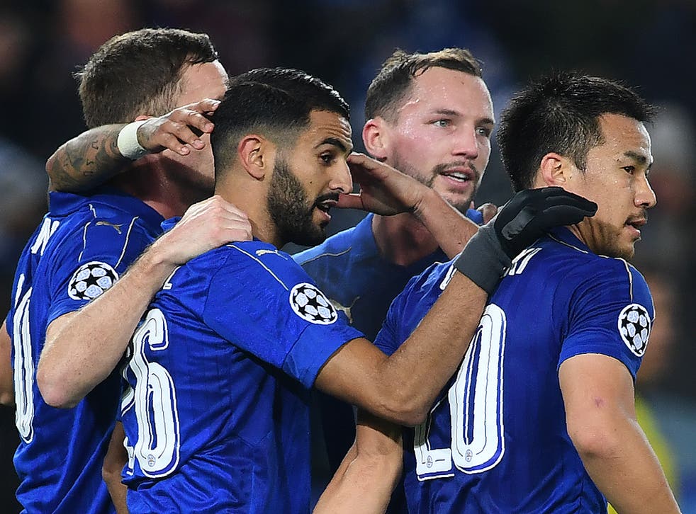 Leicester's players celebrate Okazaki's early opening goal