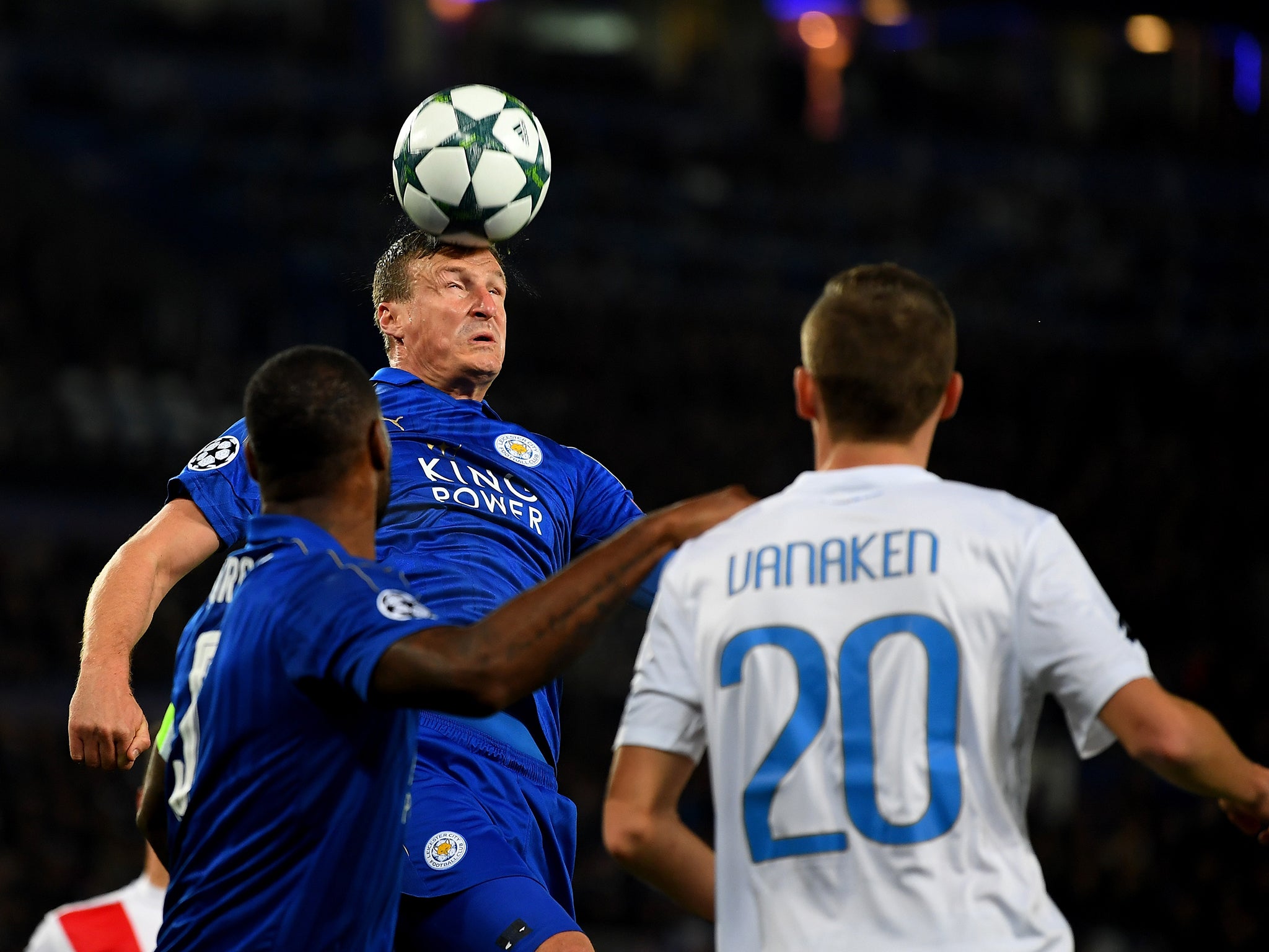 Huth jumps for a header at the King Power Stadium