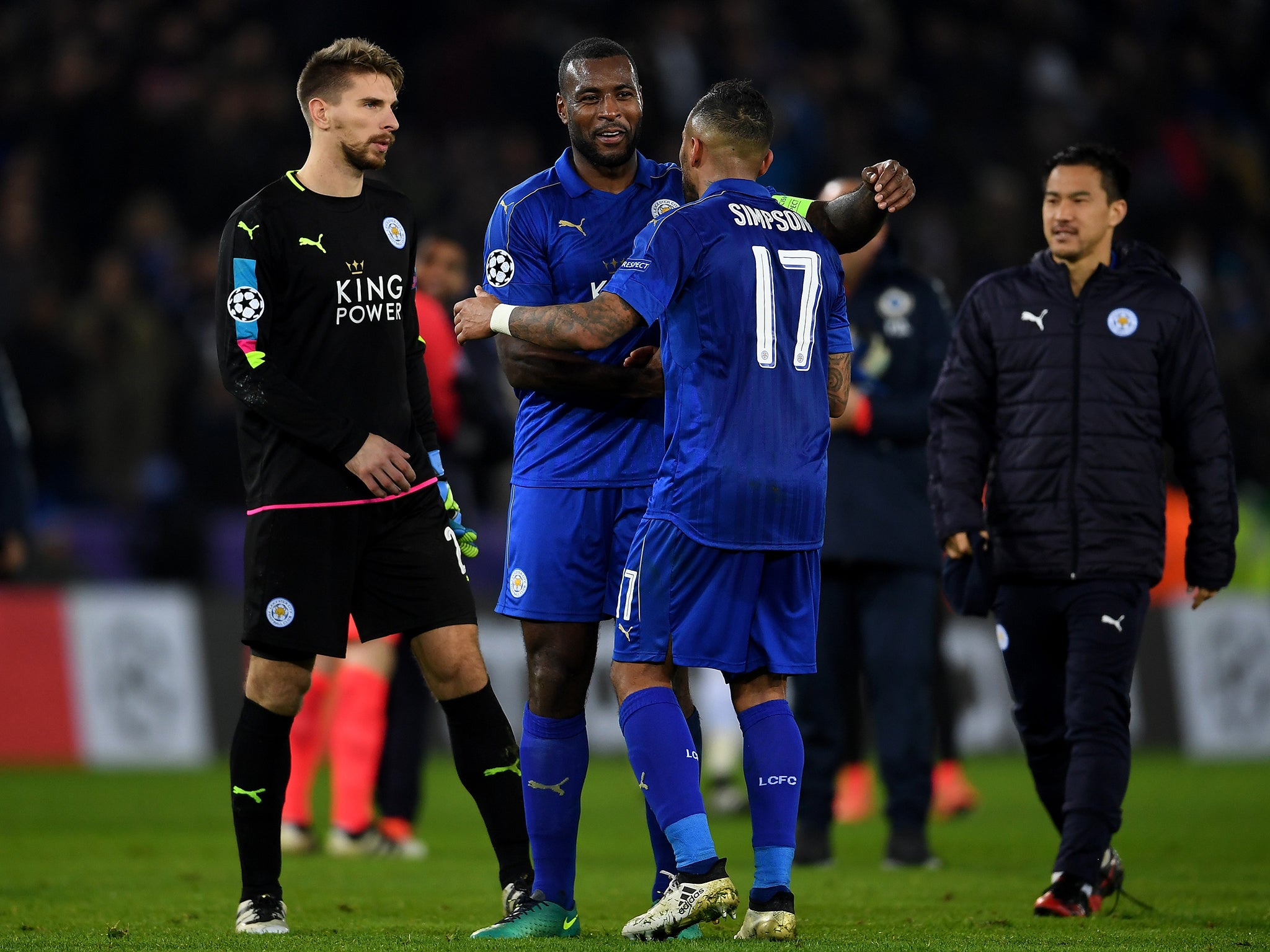 Morgan, Leicester's skipper, congratulates team-mates at full-time