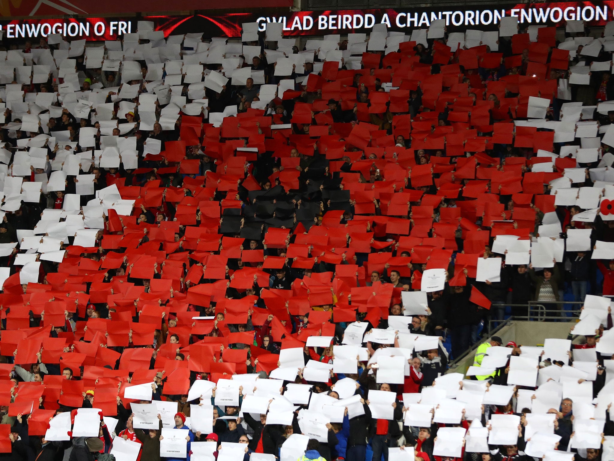 Fans at Wales's Cardiff City Stadium displayed a poppy mosaic before kick-off of their match against Serbia