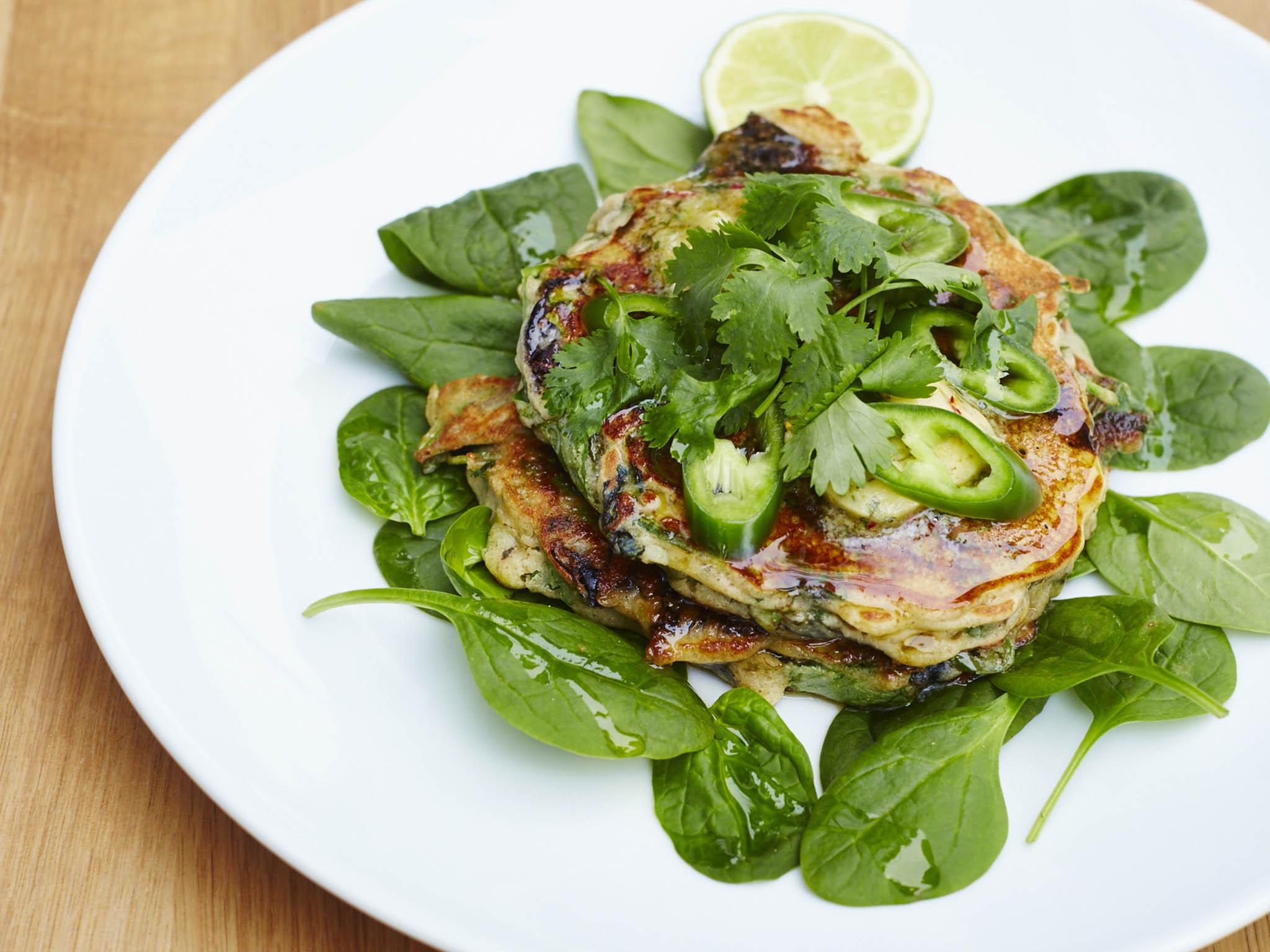 The 100 baby greens pancakes are made with spring onions, spinach, cumin, green chilli for a health kick
