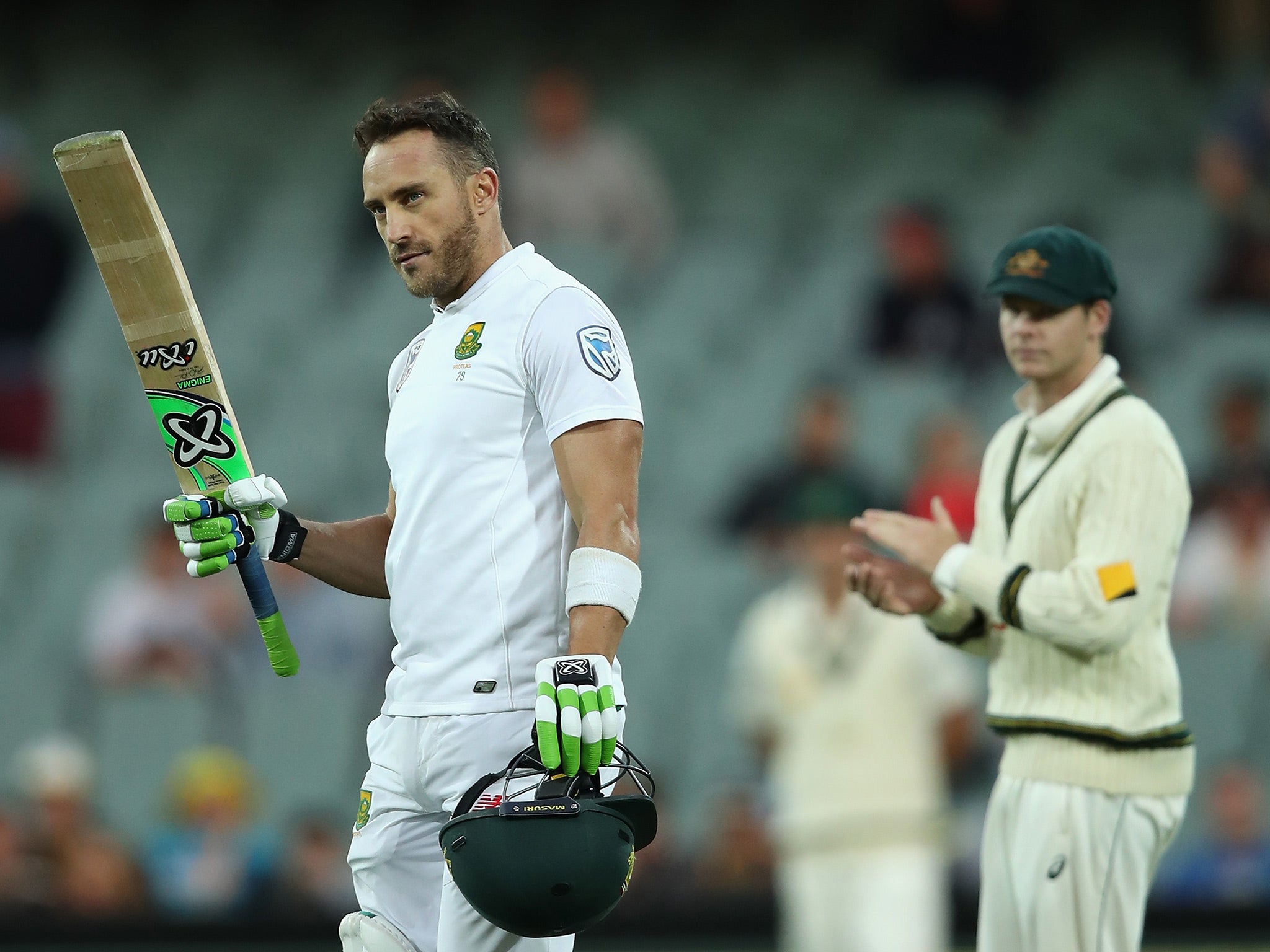 Du Plessis celebrates responding to this week's headlines by reaching his century