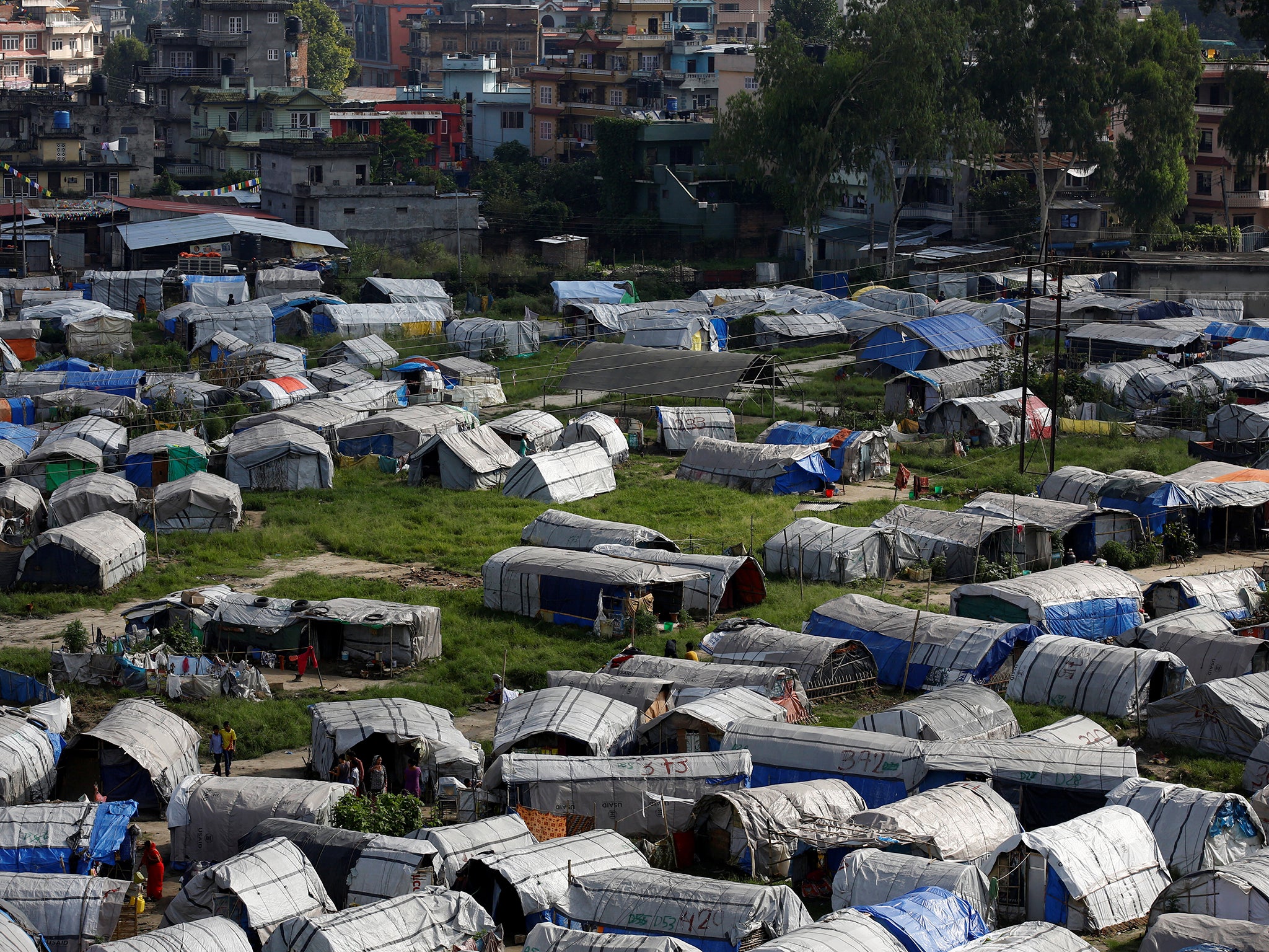 Makeshift shelters are pictured inside the displacement camps for earthquake victims at Chuchepati in Kathmandu