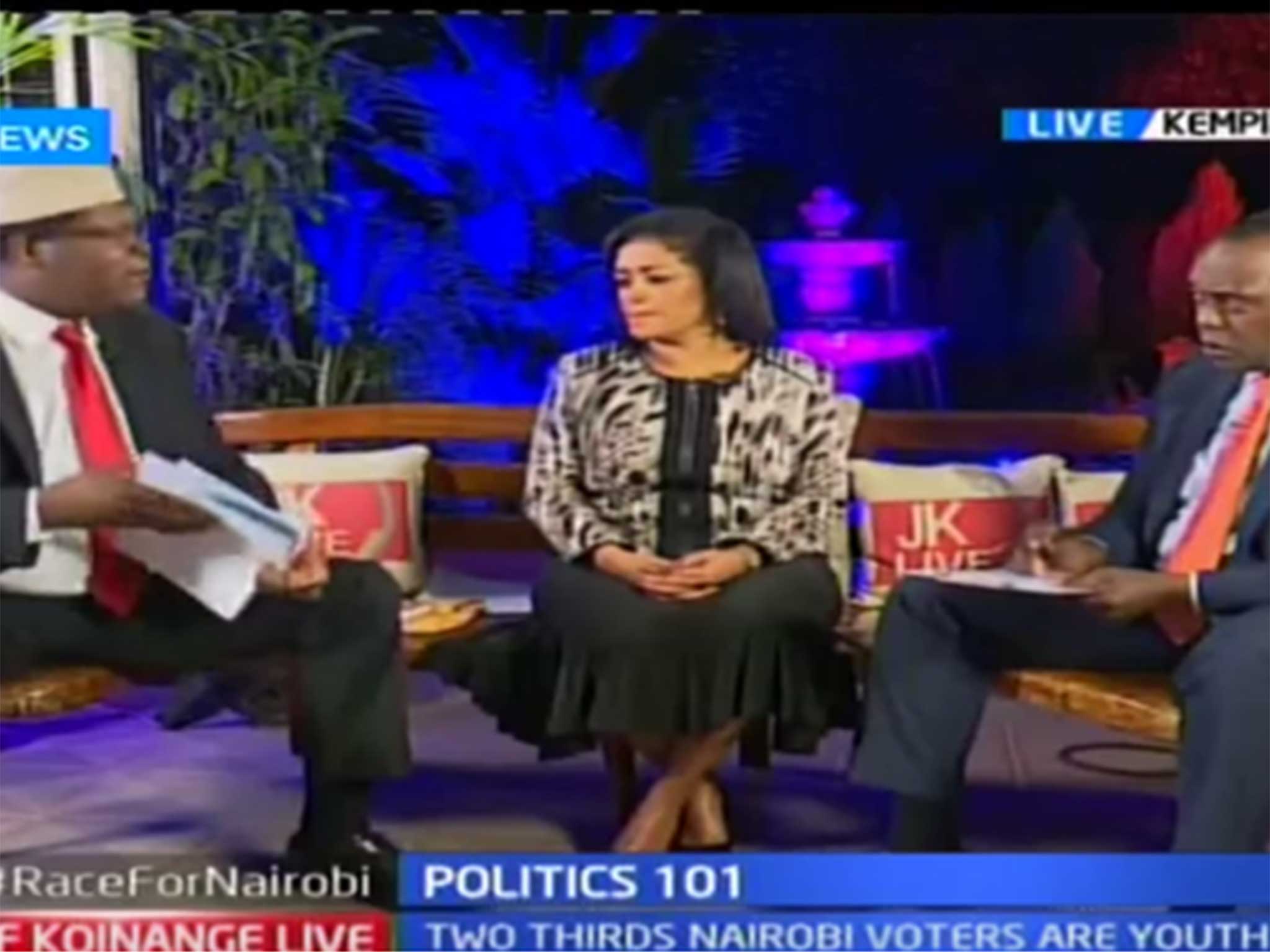 Jeff Koinange, was hosting Miguna Miguna (L) and Esther Passaris on his show