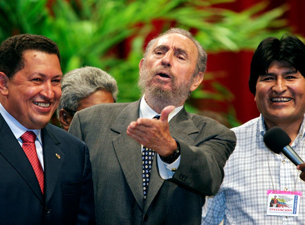 Castro hosts the 2005 visit to Havana of Venezuela President Hugo Chavez (left) and Bolivia leader Evo Morales