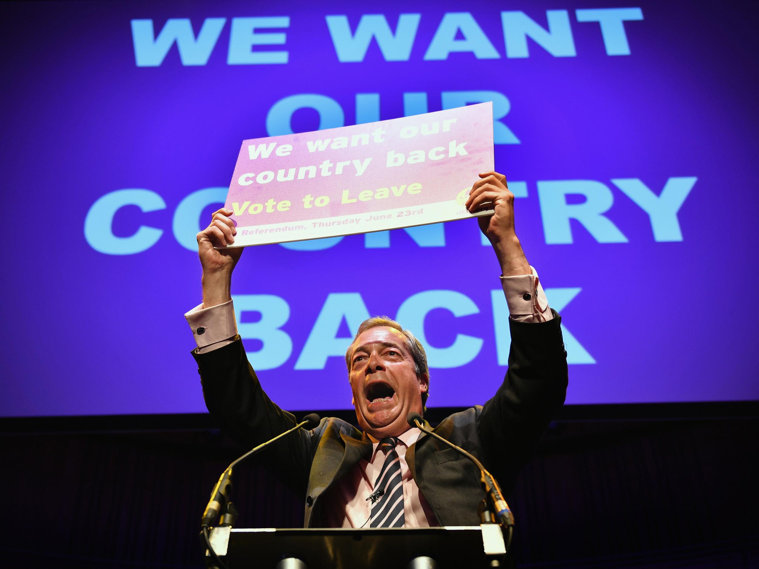 UKIP Leader Nigel Farage MEP speaks at the final 'We Want Our Country Back' public meeting of the EU Referendum campaign on June 20, 2016