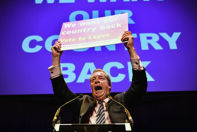 UKIP Leader Nigel Farage MEP speaks at the final 'We Want Our Country Back' public meeting of the EU Referendum campaign on June 20, 2016