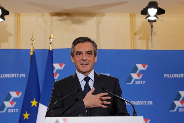 Francois Fillon, former French prime minister and member of Les Republicains political party, delivers his speech after partial results in the second round for the French center-right presidential primary election