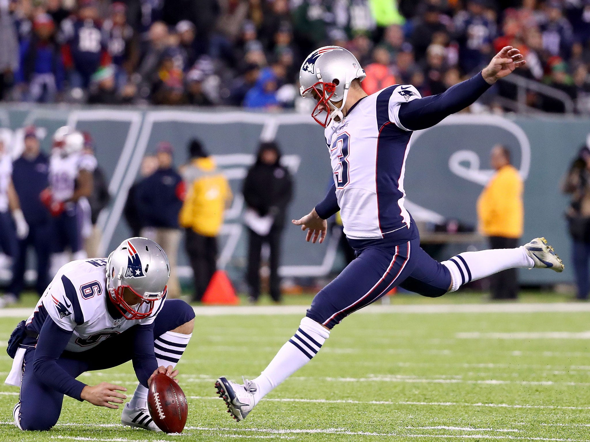 Stephen Gostkowski of the New England Patriots kicks a field goal against the New York Jets during the second half at MetLife Stadium