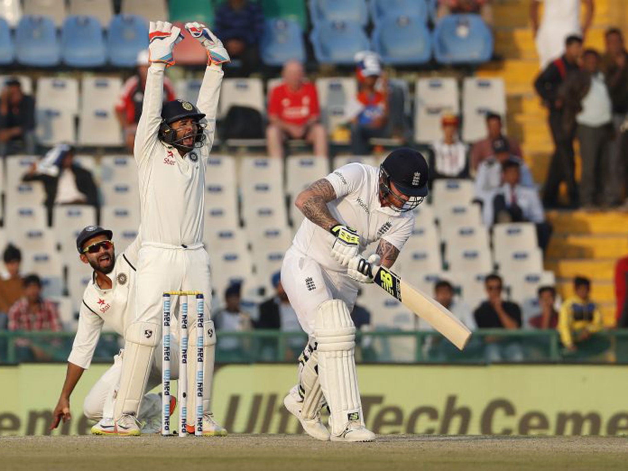 Ben Stokes is trapped lbw to Ravichandran Ashwin which is given out after a review