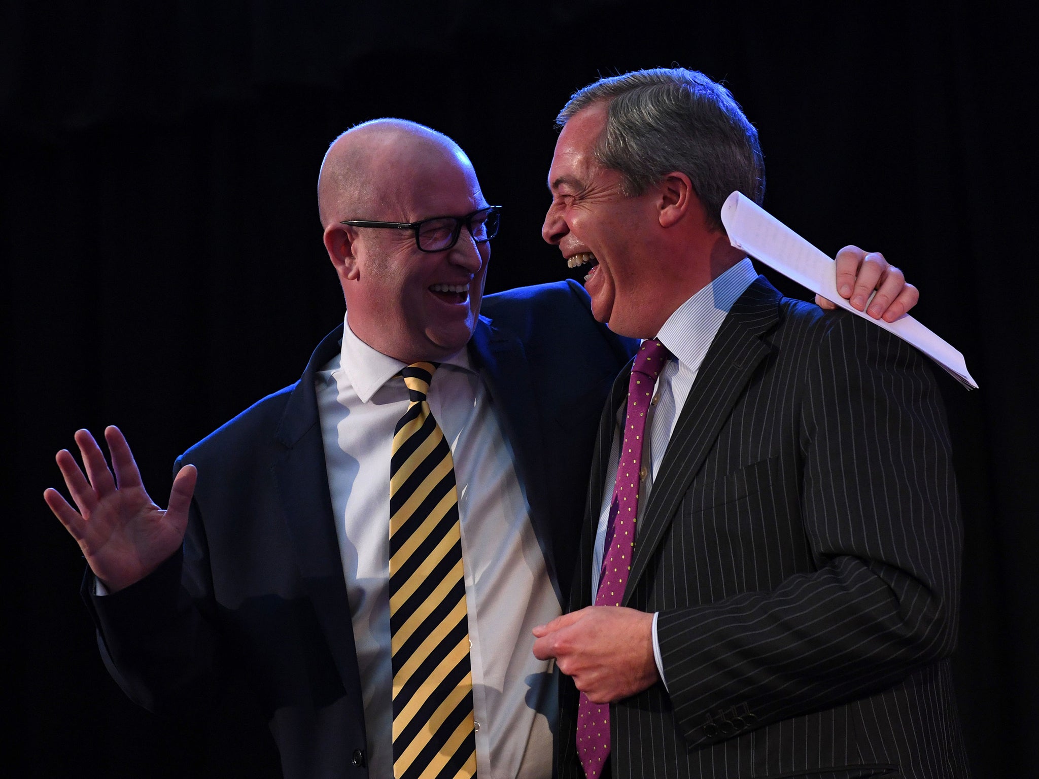 Paul Nuttall is congratulated by Nigel Farage after he was announced as the new Ukip leader